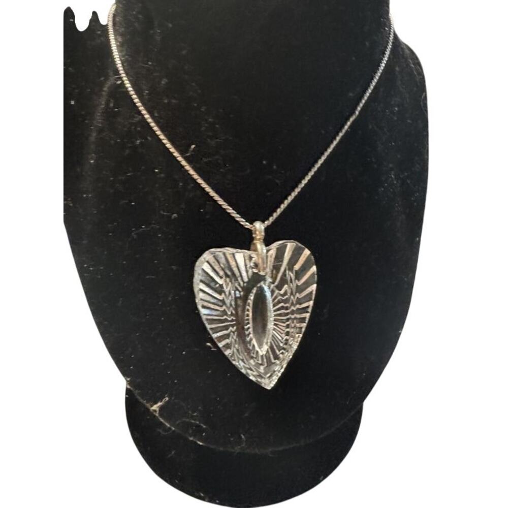 Vintage Waterford Style Faceted Crystal Heart Pendant Necklace Silver Tone Chain